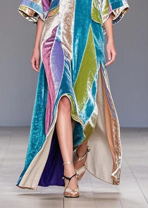 Colorblock Asymmetrical Side Open Silk Velvet Long Dress Fall
