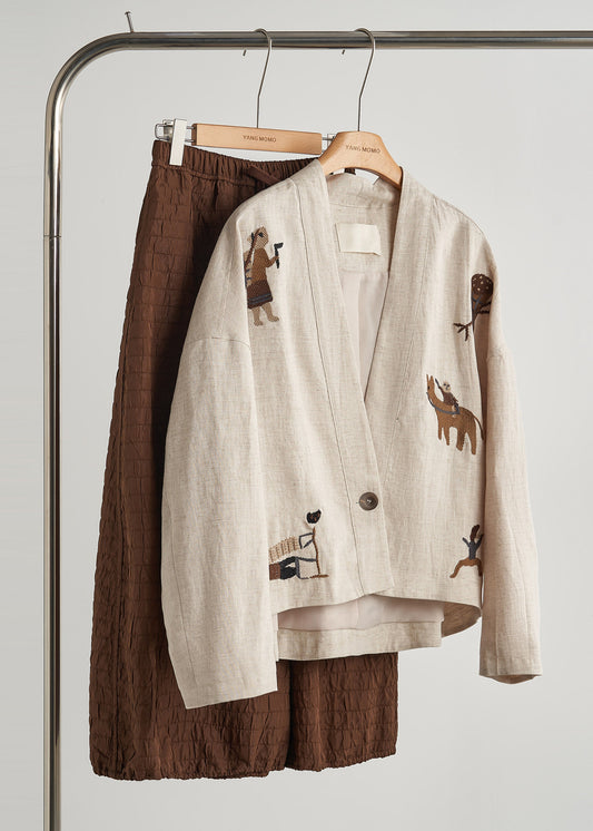 Beige Embroidered Oversized Linen Coat Fall