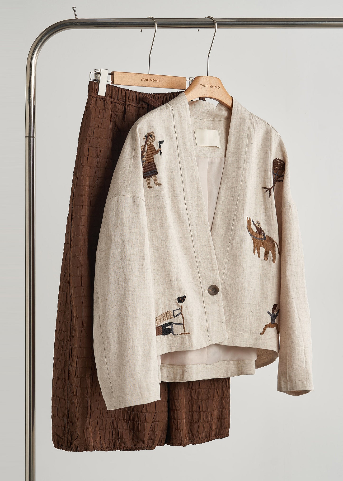Beige Embroidered Oversized Linen Coat Fall