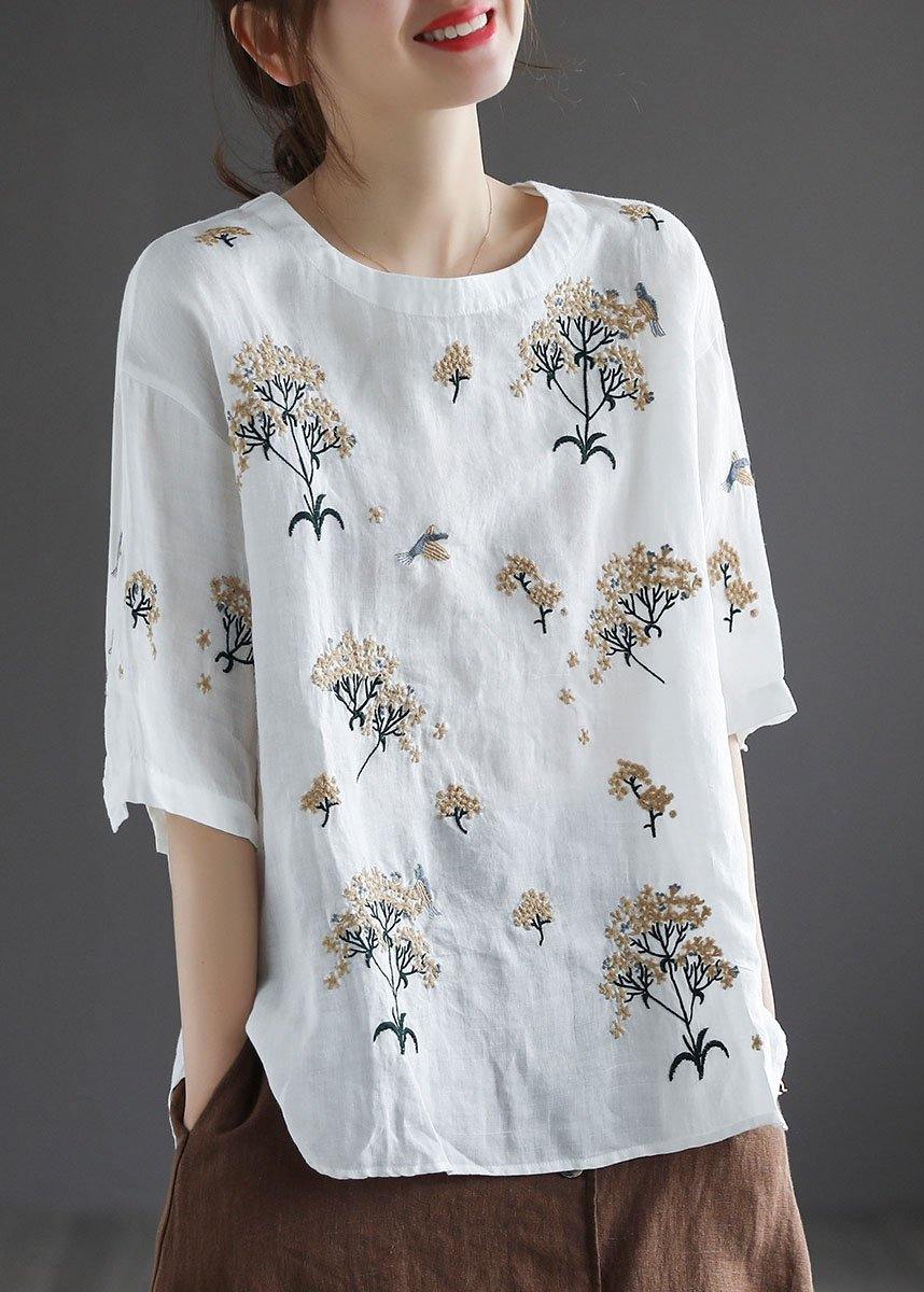 White O-neck Embroidered Summer Linen Tops Half Sleeve