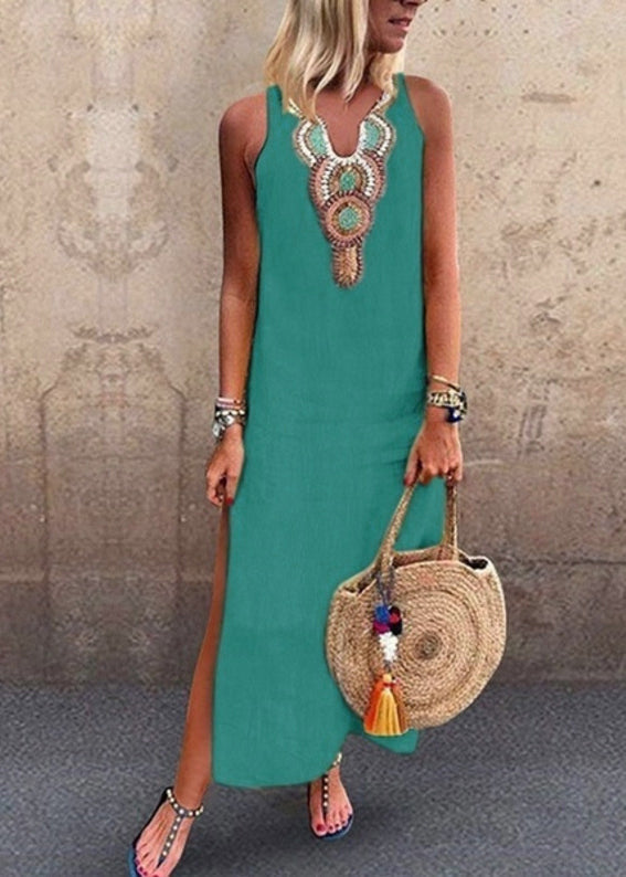 Yellow V Neck Embroidered Cotton Long Dress Sleeveless