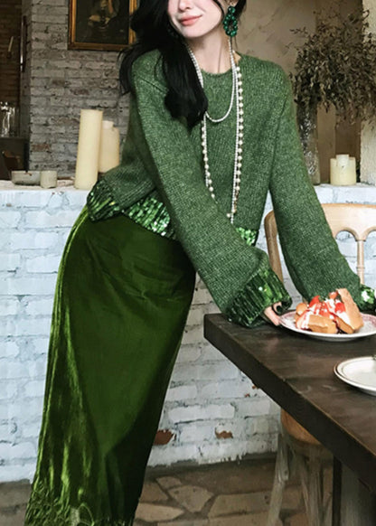Fitted Green Knit Sweaters and Velour Skirts Two Piece Suit Set Fall