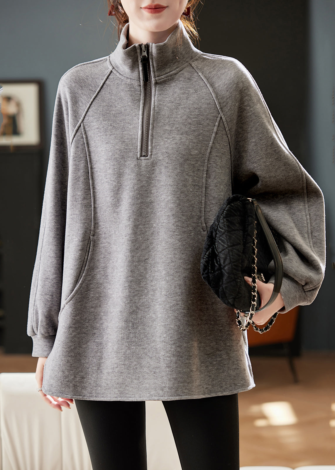 Grey Turtleneck Patchwork Fleece Sweatshirt Spring