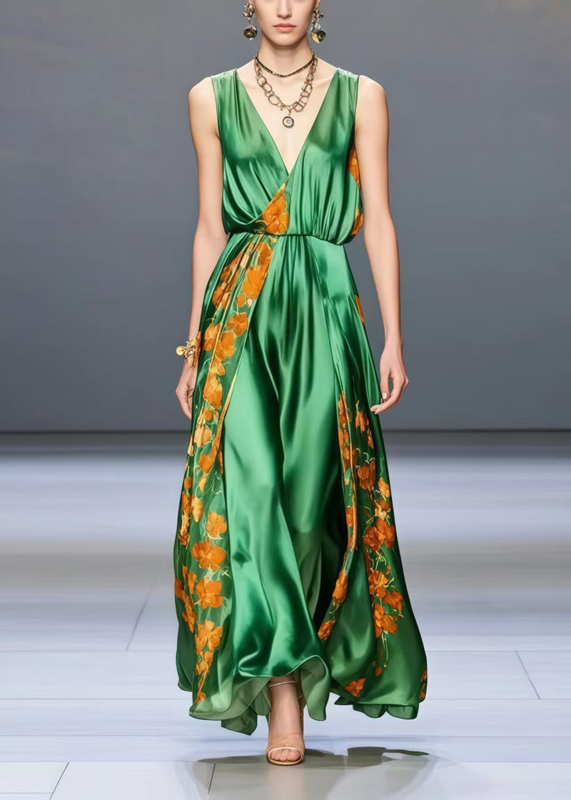 Peacock Green V Neck Print Silk Holiday Dress Sleeveless