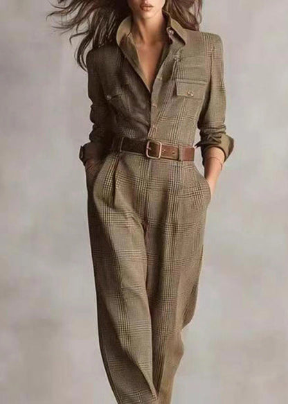 Modern Khaki Peter Pan Collar Plaid Cotton Jumpsuit Fall