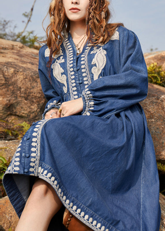 Navy V Neck Embroidered Patchwork Denim Maxi Dresses Spring