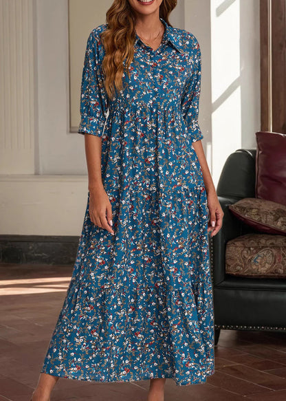 Red Peter Pan Collar Print Cotton Long Dress Half Sleeve