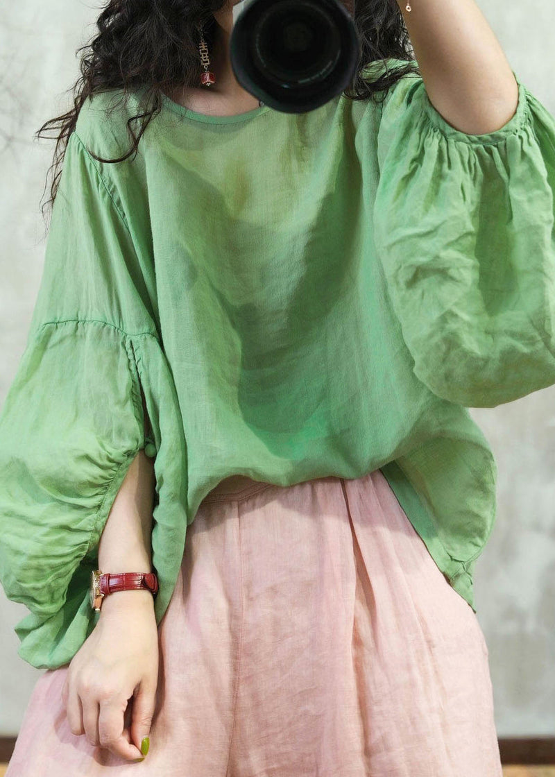 Grass Green O Neck Patchwork Cotton Top Lantern Sleeve