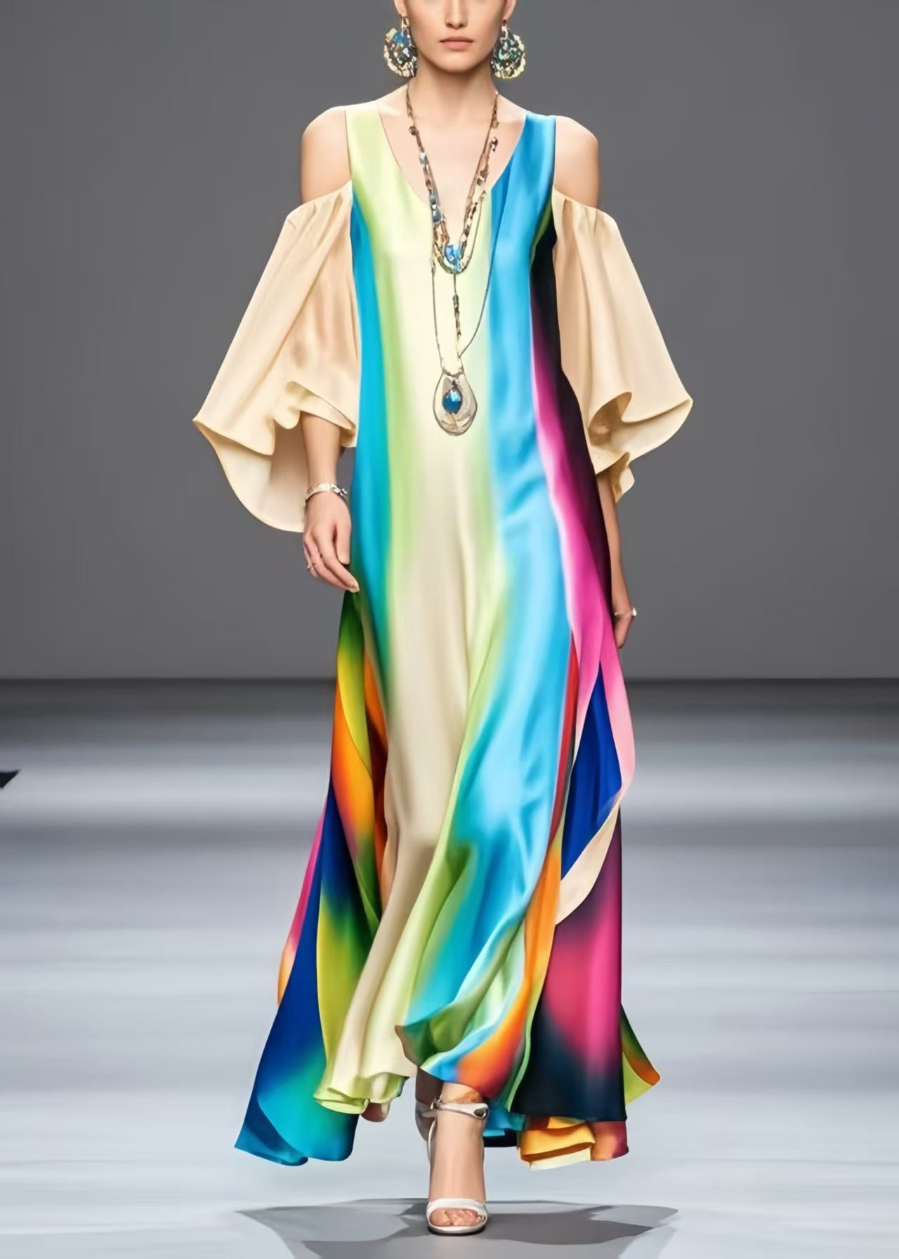 Organic Rainbow Cold Shoulder Tie Dye Silk Vestidos Dress Petal Sleeve