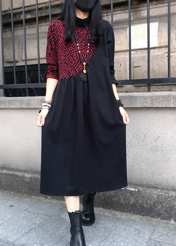 Red O-neck Print Wrinkled Cotton Maxi Dresses Long Sleeve