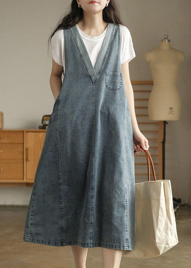 Blue V Neck Patchwork Denim Tank Dress Sleeveless