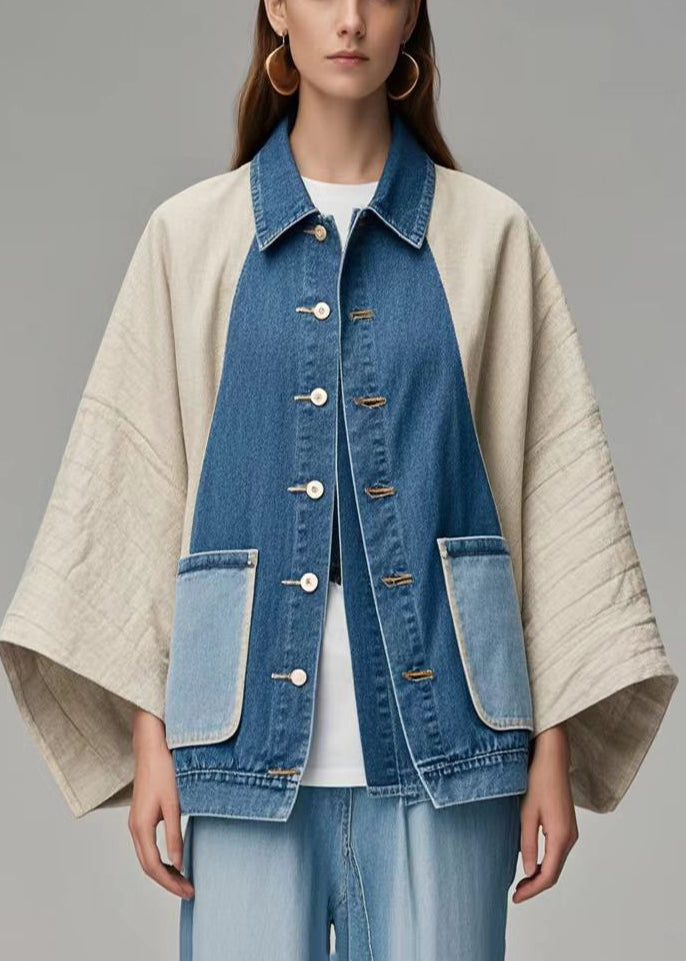 Colorblock Oversized Patchwork Denim Coat Outwear Batwing Sleeve