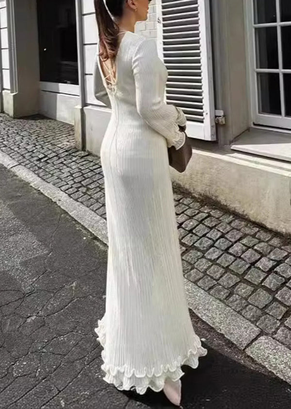 Slim Fit White O-neck Ruffled Patchwork Knit Long Dress Spring