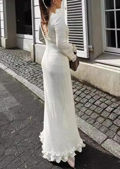 Slim Fit White O-neck Ruffled Patchwork Knit Long Dress Spring