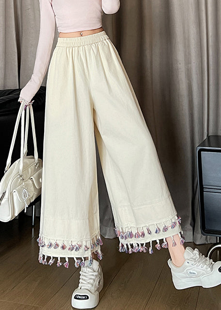 White Tasseled Patchwork Cotton Crop Pants Fall