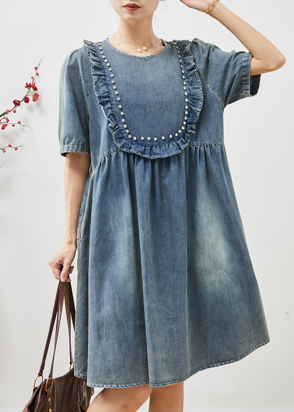 Blue Ruffled Nail Bead Denim Dresses Summer