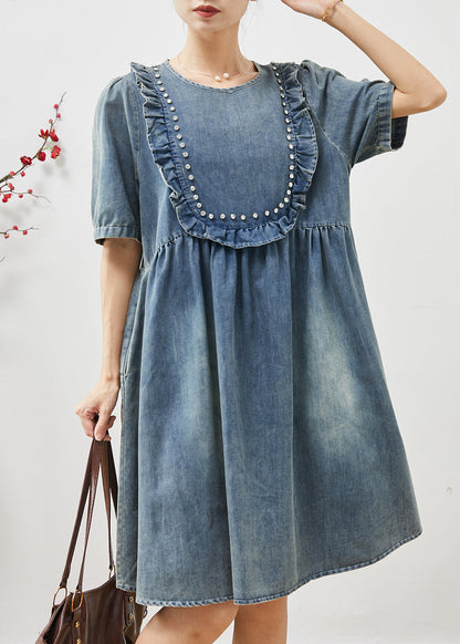 Blue Ruffled Nail Bead Denim Dresses Summer