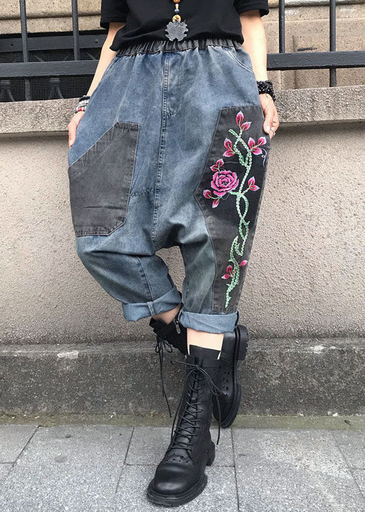 Blue Embroidered Elastic Waist Denim Pants Summer
