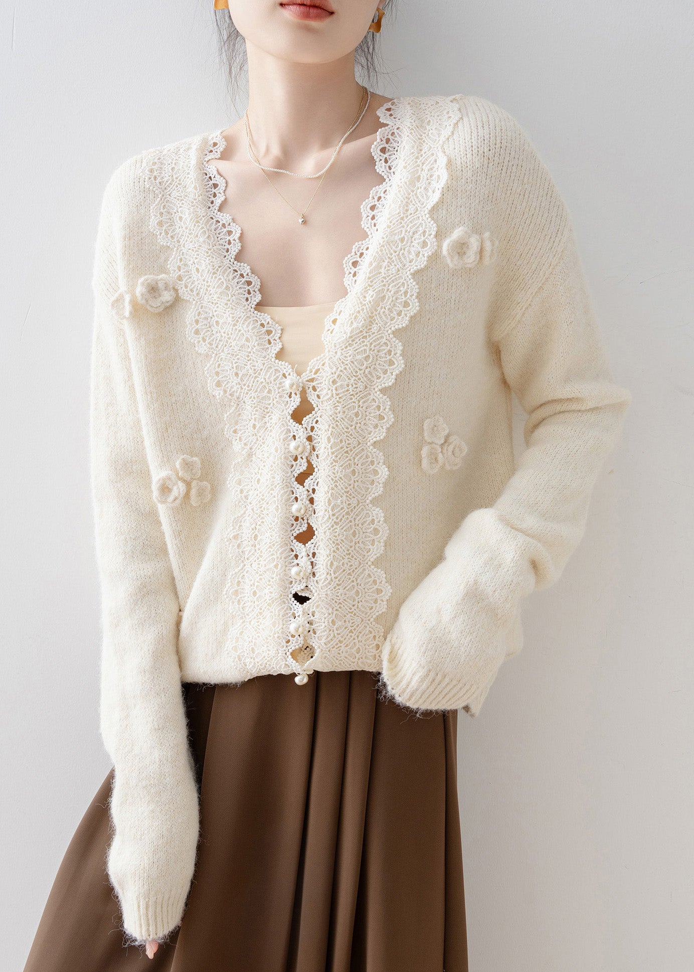 Beige V Neck Lace Button Knit Cardigan Spring
