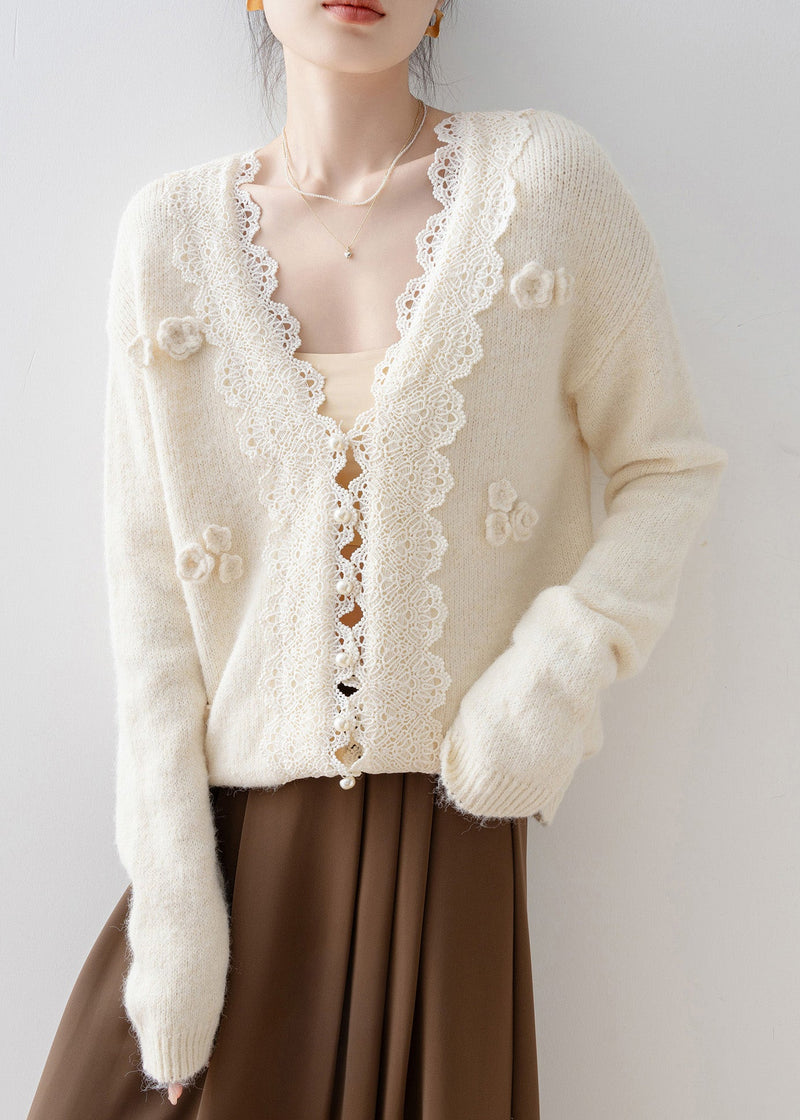 Beige V Neck Lace Button Knit Cardigan Spring
