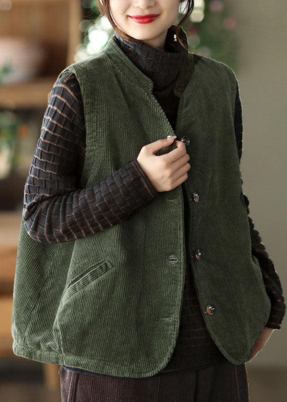 Green Stand Collar Fine Cotton Filled Corduroy Vest Winter