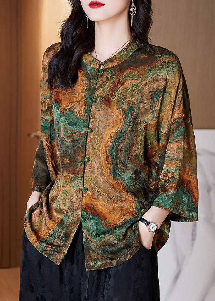 Brown Stand Collar Button Print Patchwork Silk Blouse Top Summer
