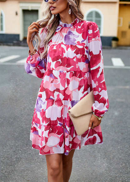 Rose Ruffled Print Cotton Mid Dress Fall