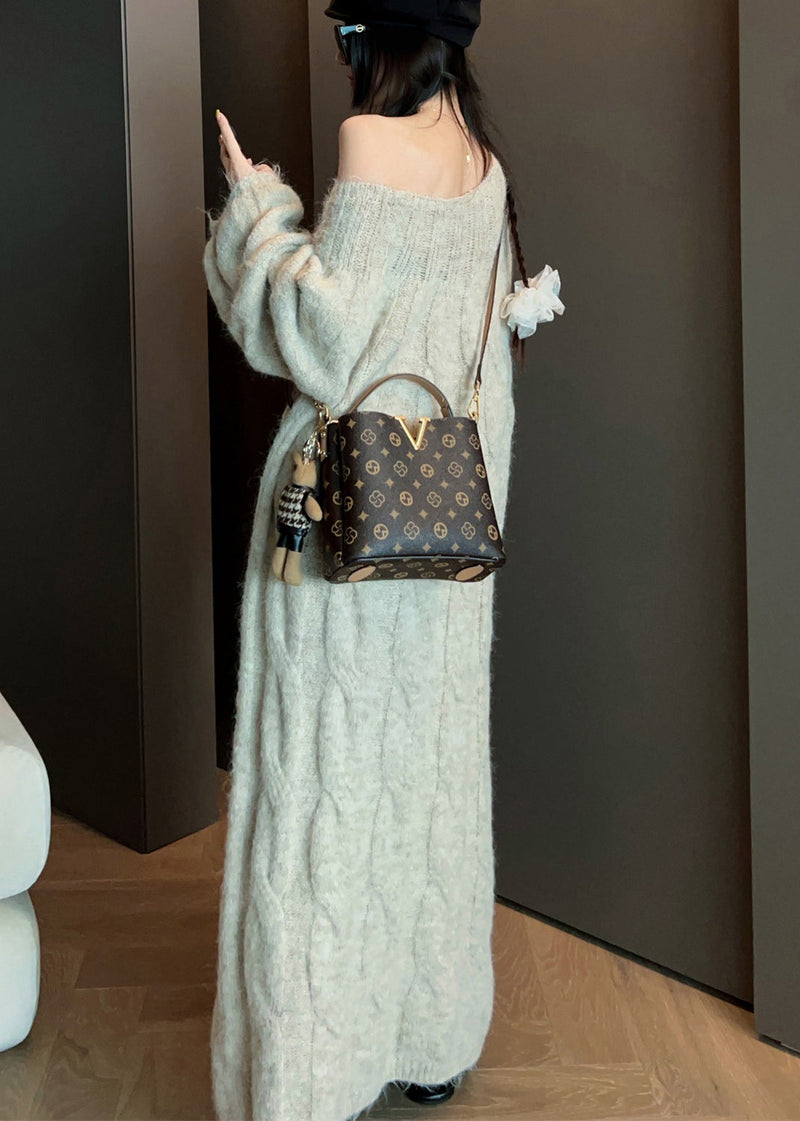 Beige Hollow Out Long Cable Knit Dress Spring