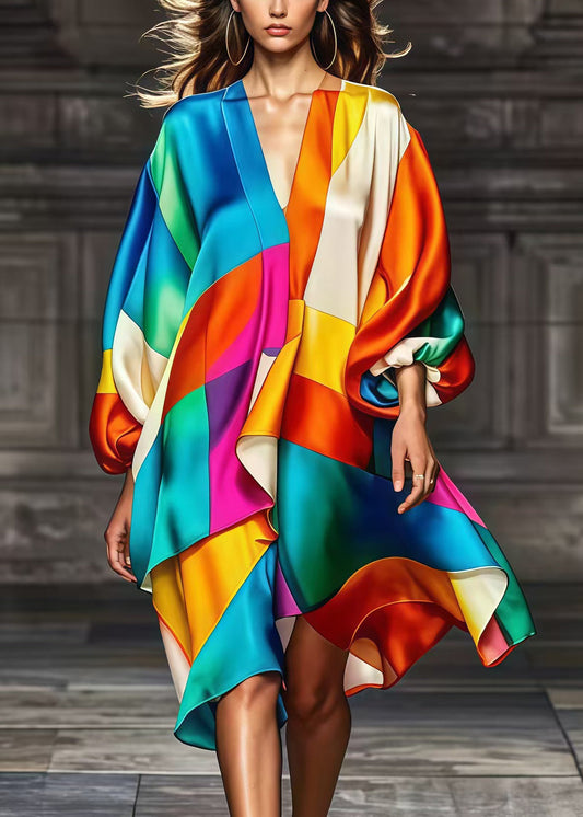 Rainbow Asymmetrical Patchwork Silk Party Dress Fall