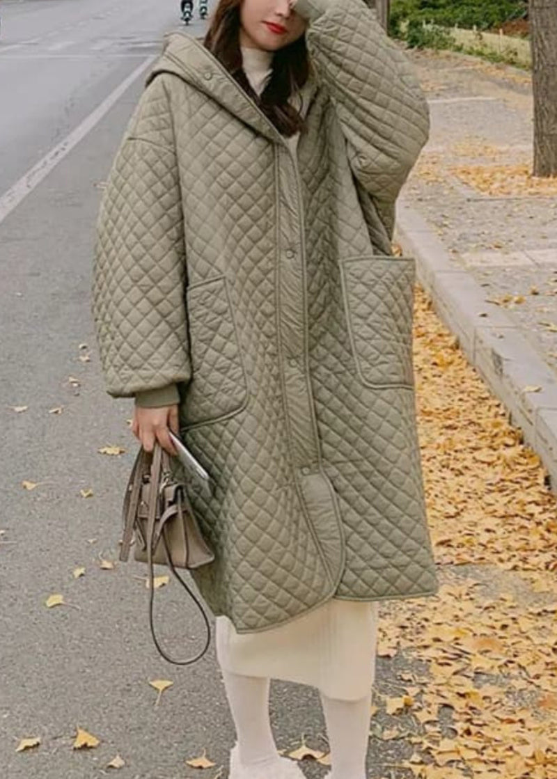 Green Hooded Pockets Fine Cotton Filled Coat Spring