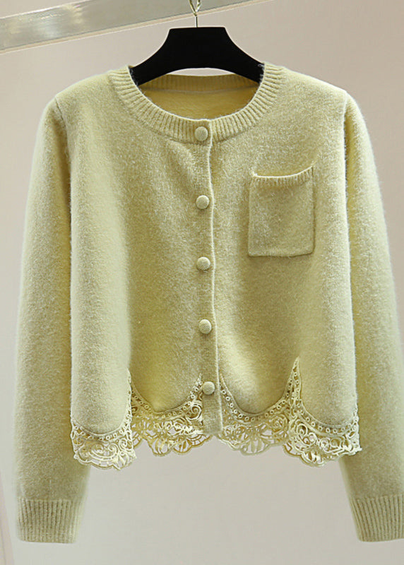 Light Green O-neck Lace Patchwork Cotton Knit Sweaters Winter