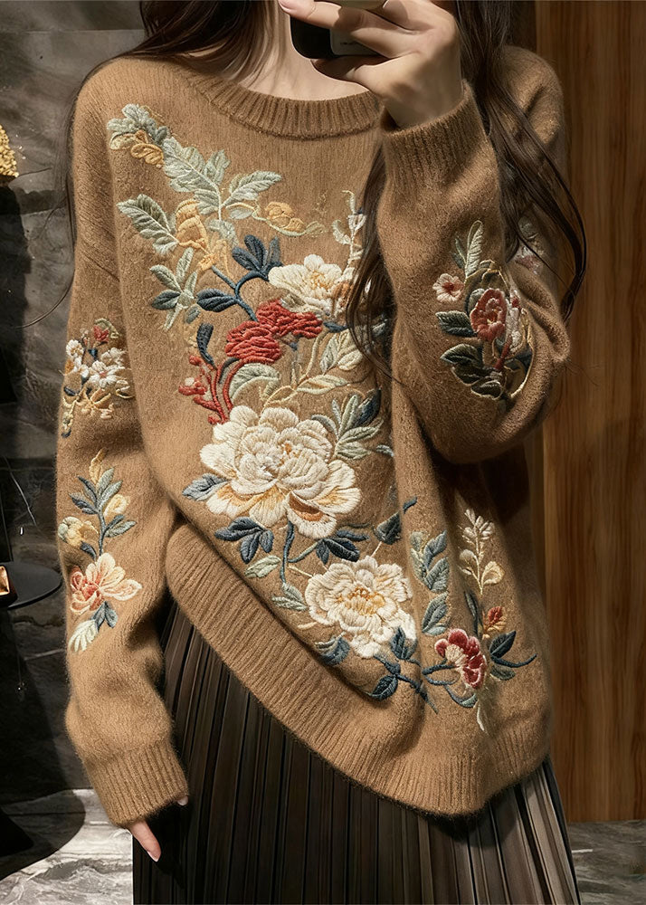 Brown Cozy Knit Knit Sweaters O Neck Fall