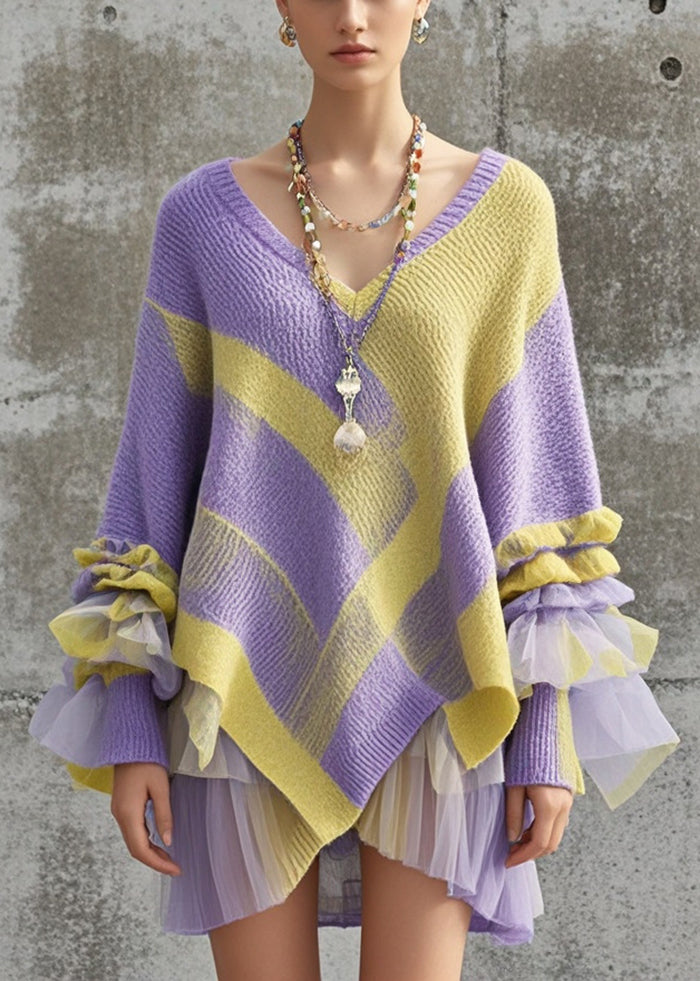 Purple Asymmetrical Patchwork Tulle Knitwear Dress Fall