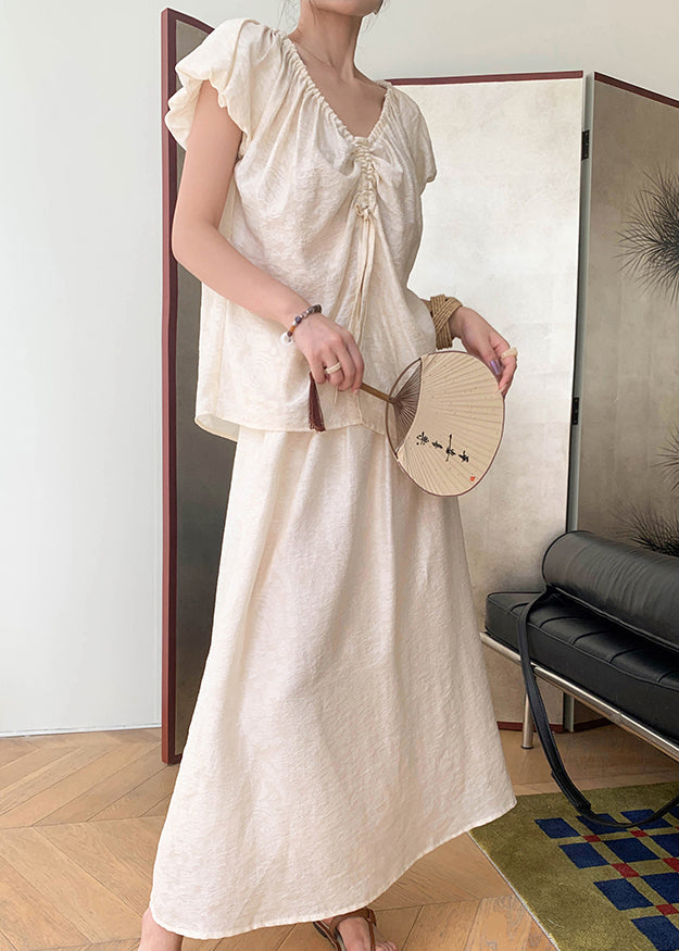 Beige Stand Collar Cinched T Shirts and Silk Maxi Skirts Two Piece Set Summer
