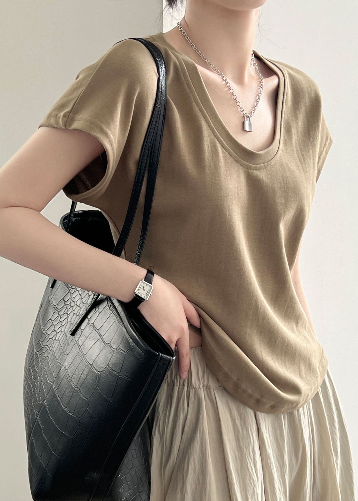 Simple Coffee O Neck Cotton T Shirt Summer