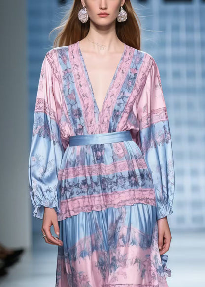 Colorblock V Neck Print Silk Tunic Dresses Spring