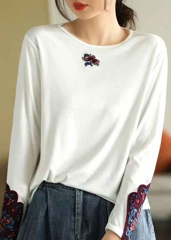 Rose O Neck Embroidered Cotton T Shirts Spring