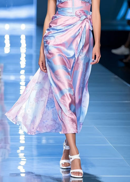 Colorblock Print Bow Ice Silk Vestidos Strapless Dress