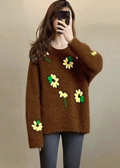 Unique Brown Oversized Lace Knit Sweater Tops Winter