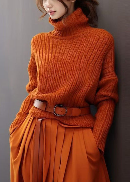 Simple Orange Turtleneck Thick Knit Sweaters Spring