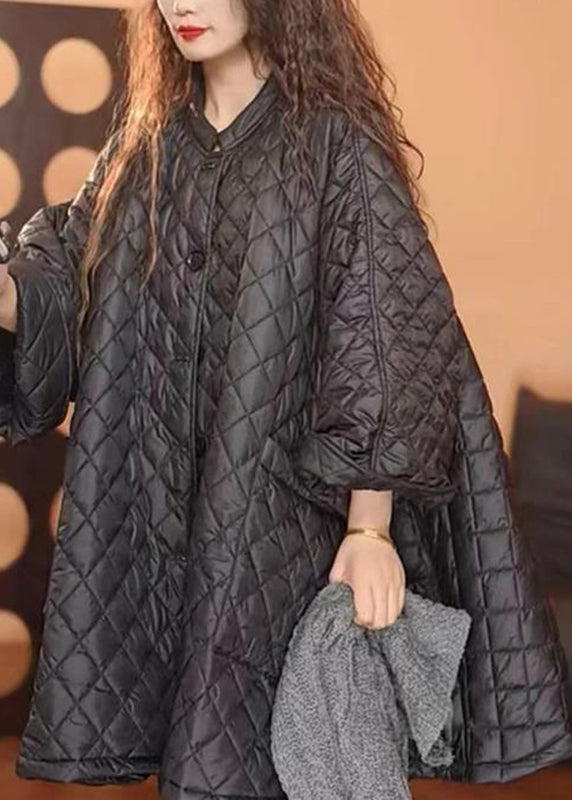 Loose Black O-neck Plaid Patchwork Button Pockets Parka Winter