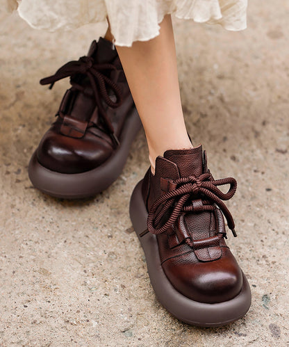 Coffee Platform Cowhide Leather Splicing Boots Lace Up