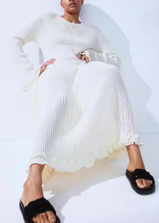 Slim Fit White O-neck Ruffled Patchwork Knit Long Dress Spring