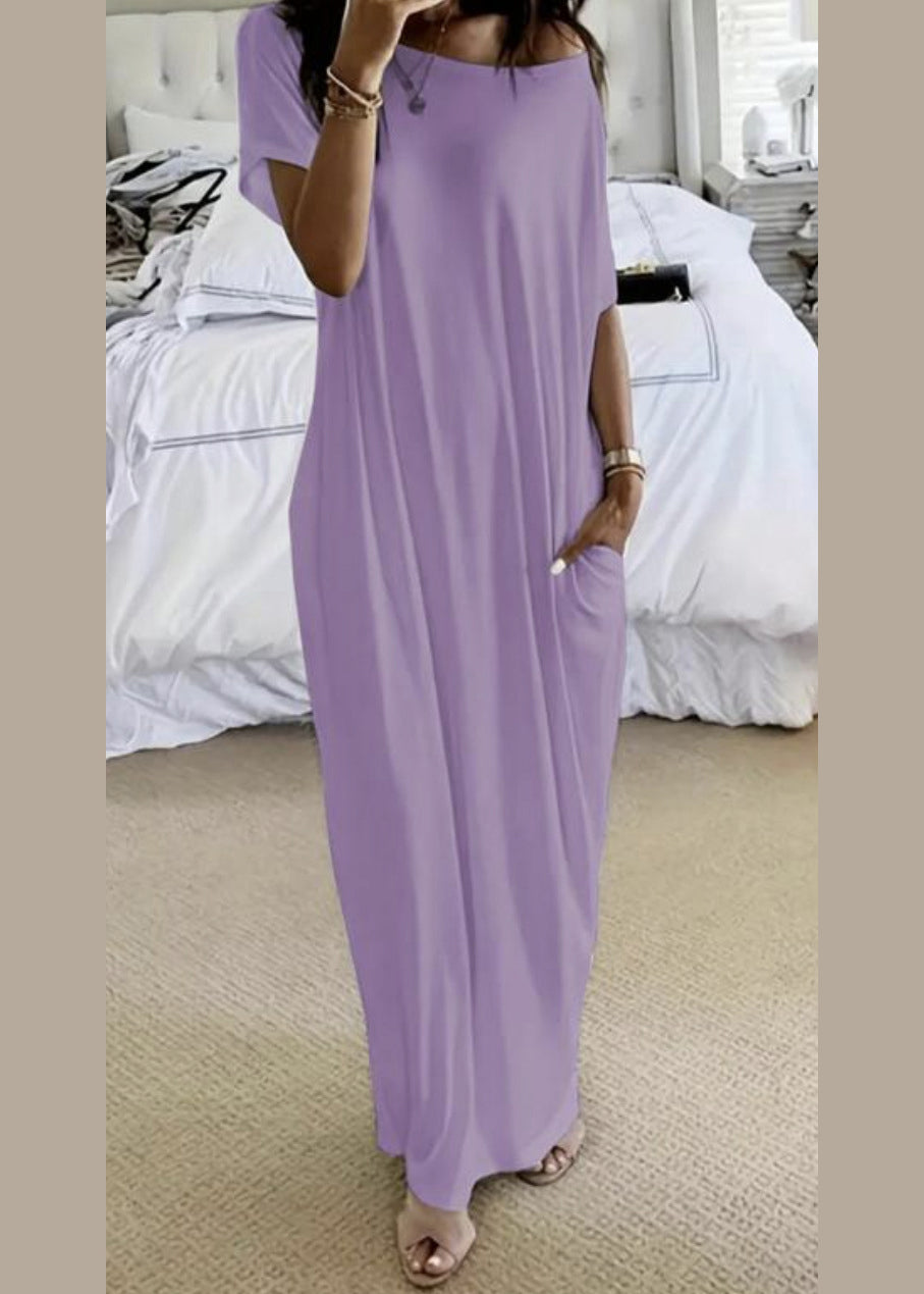 Simple White Slash Neck Cotton Long Dress Batwing Sleeve