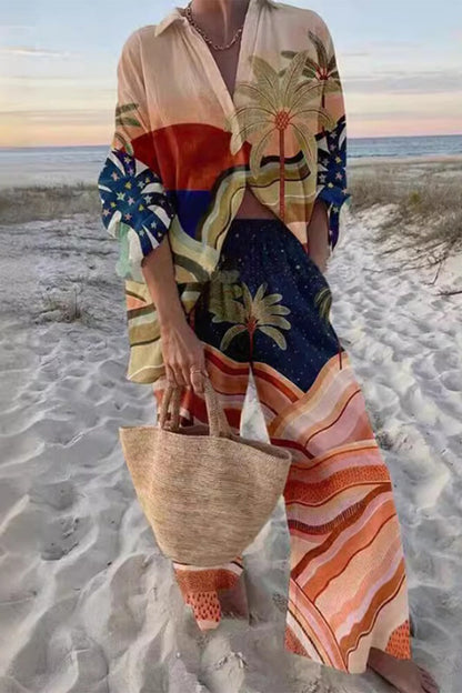 College Geometric Print Contrast Turndown Collar Long Sleeve Two Pieces