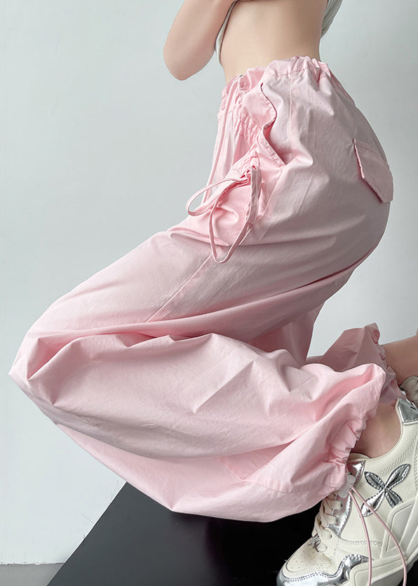 Pink Pockets Drawstring High Waist Cotton Pants Spring