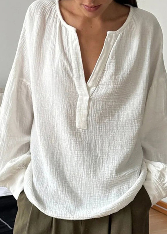 White V Neck Patchwork Cotton T Shirts Fall