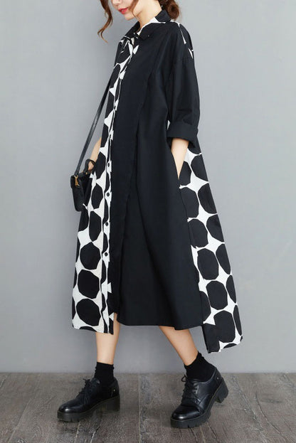 Spring Polka Dot Colorblock Lapel Shirt Dress