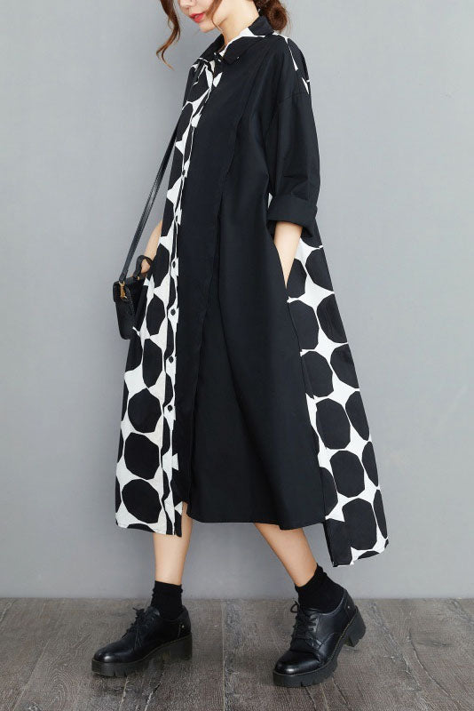 Spring Polka Dot Colorblock Lapel Shirt Dress