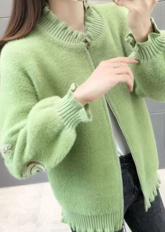Fluorescent Green Embroidered Ruffled Mink Velvet Coats Spring